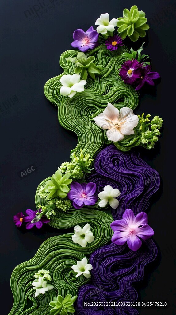 绿紫交织的花卉奶油艺术