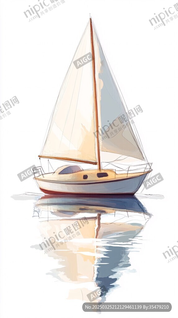 海上白帆船 宁静水面倒影