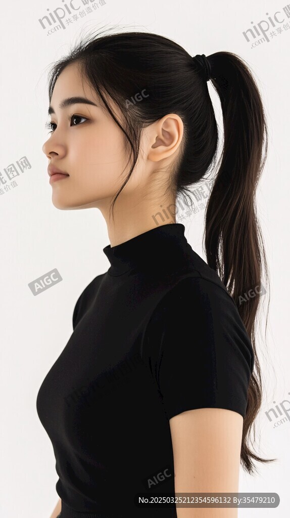 马尾少女黑色上衣侧颜照
