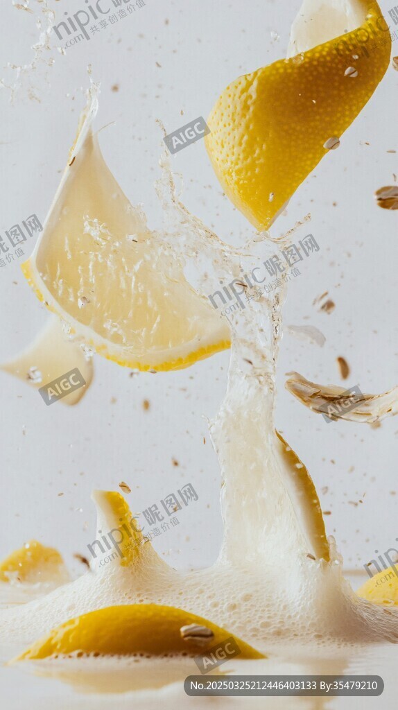 柠檬片飞溅入白色液体中