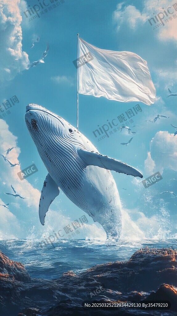 鲸鱼跃海展白帆奇幻景象