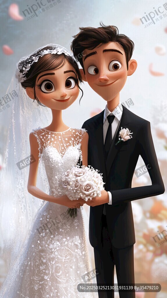 卡通风格新人浪漫婚纱照