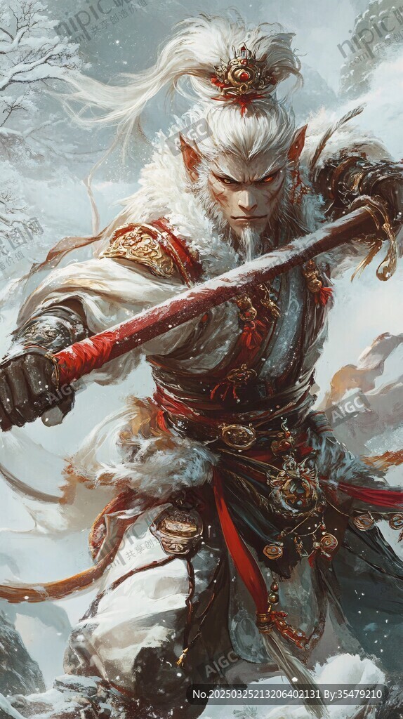 雪地中的白发持剑奇幻角色