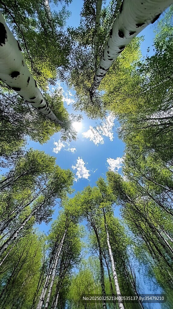 仰观白桦林与湛蓝天空
