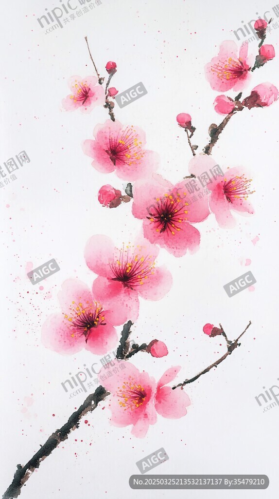 粉色桃花枝 淡雅水墨画