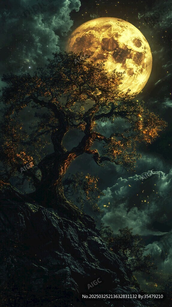月夜孤树 奇幻静谧之景
