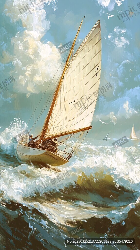 帆船在波涛中破浪前行