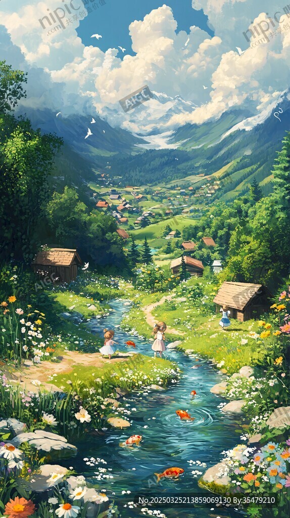 山间溪边童趣田园风景画