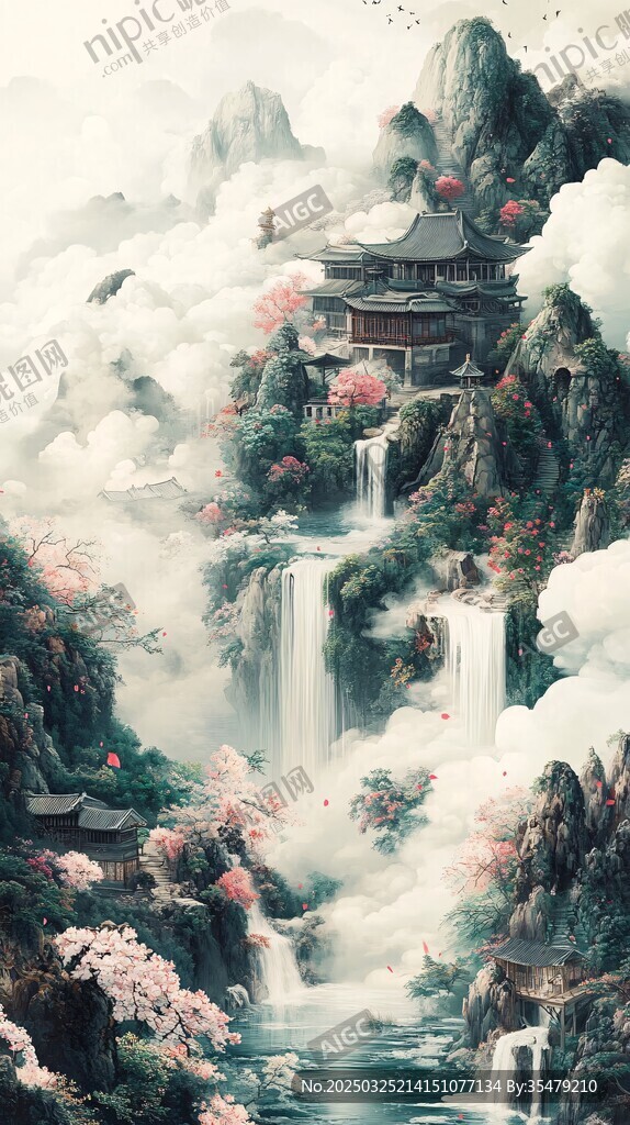 水墨仙境中的中式山水楼阁