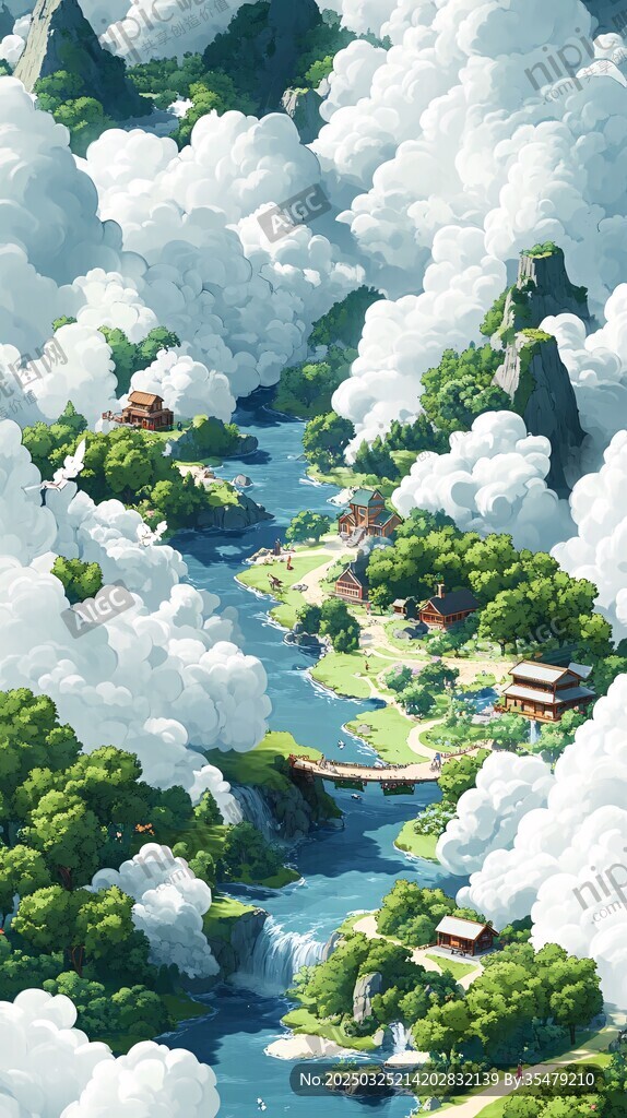 梦幻云海中的山水村落