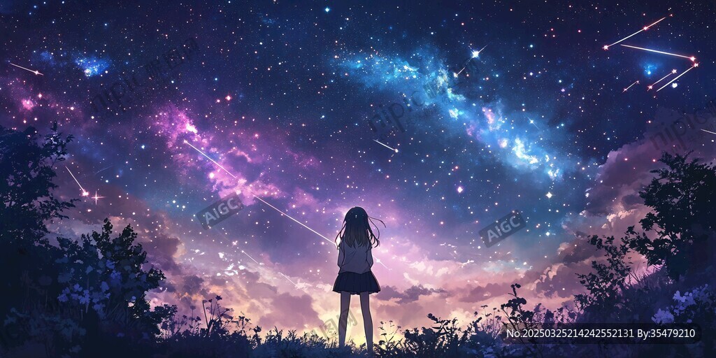 少女仰望梦幻璀璨星空