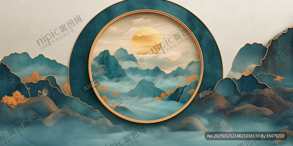 中式山水圆形框景图