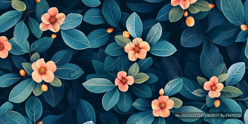蓝底花卉植物无缝图案