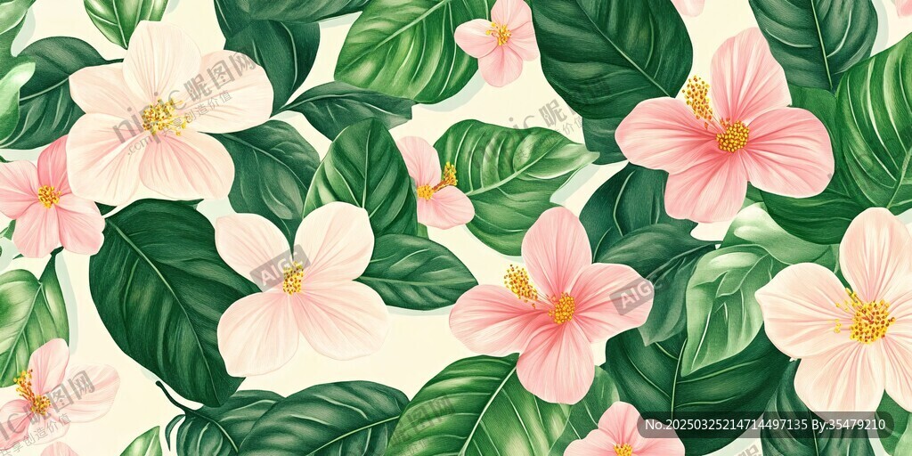 粉色花卉绿叶图案背景