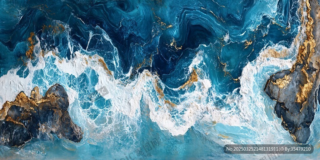 梦幻蓝金海浪艺术画面