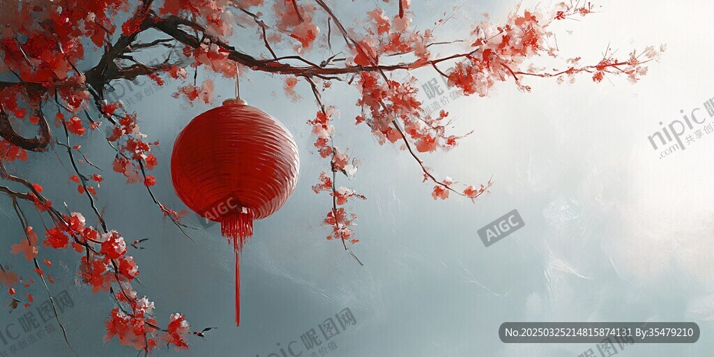 红灯笼映繁花春日美景