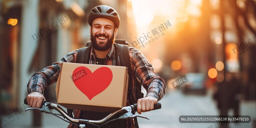 骑车送爱心包裹的快乐男子