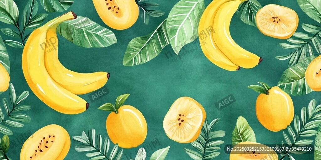 香蕉柠檬绿叶清新插画