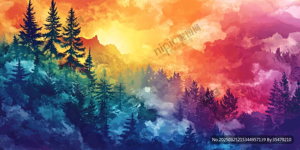 梦幻山林日落水彩风景