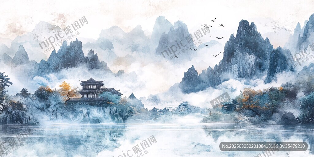 水墨山水间的静谧楼阁