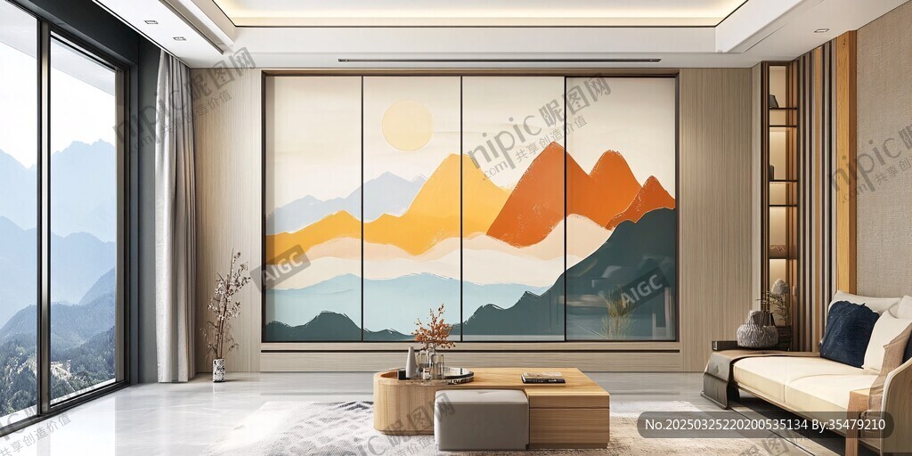 现代客厅中的山水艺术背景墙