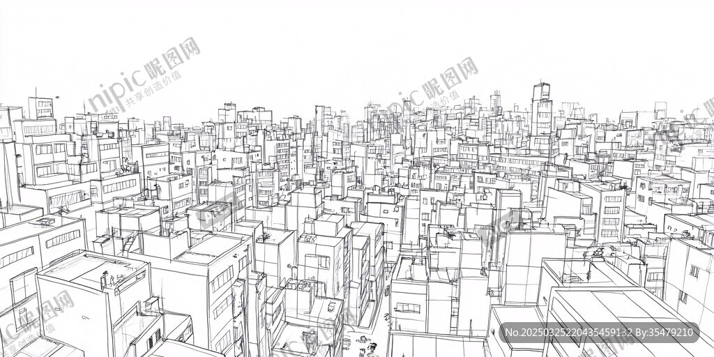 城市建筑线稿俯瞰景象