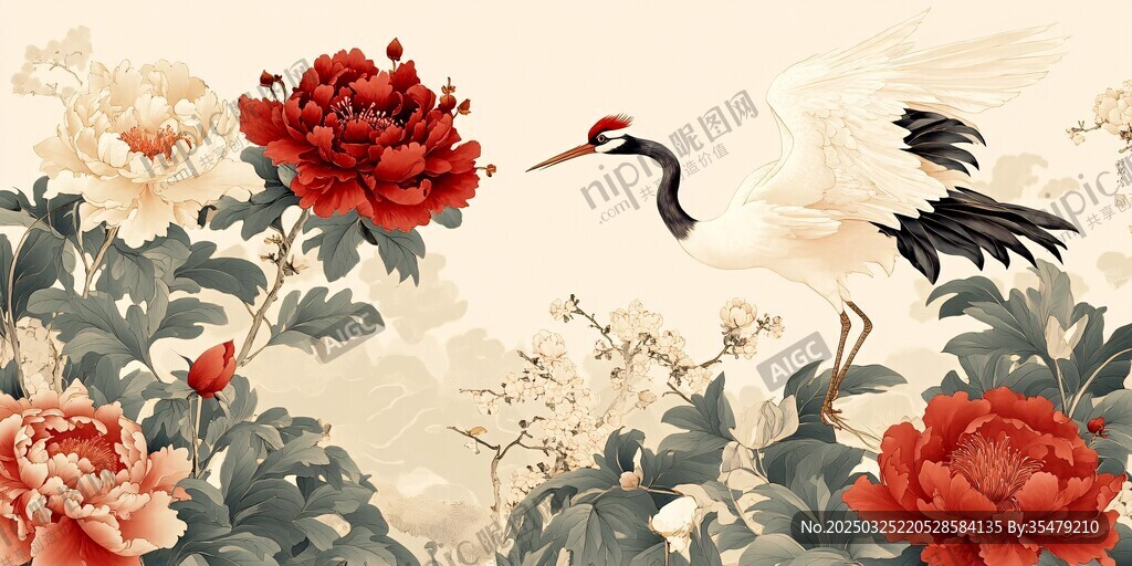 丹顶鹤伴牡丹中式图景