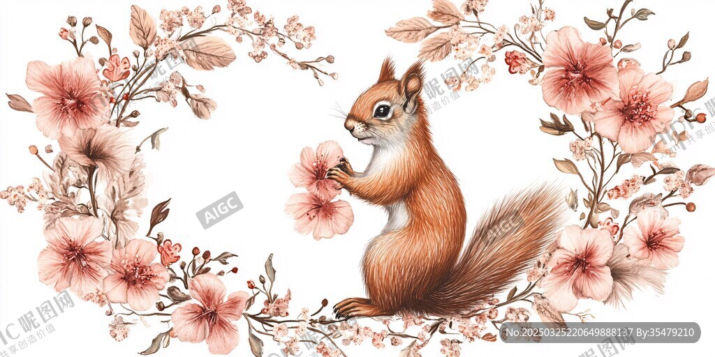 松鼠与繁花环绕的美好画面