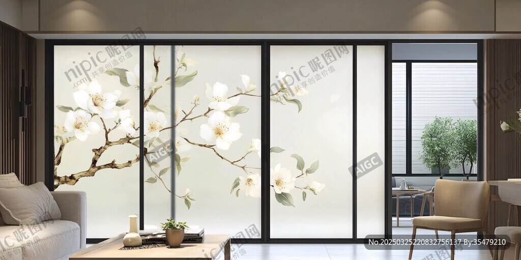 中式客厅玻璃门花鸟装饰