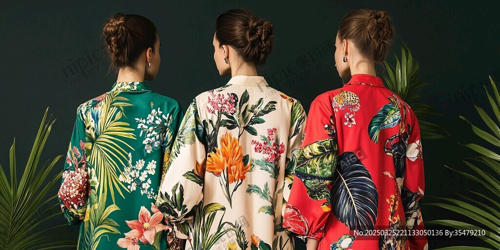 三位身着花衬衫的时尚背影