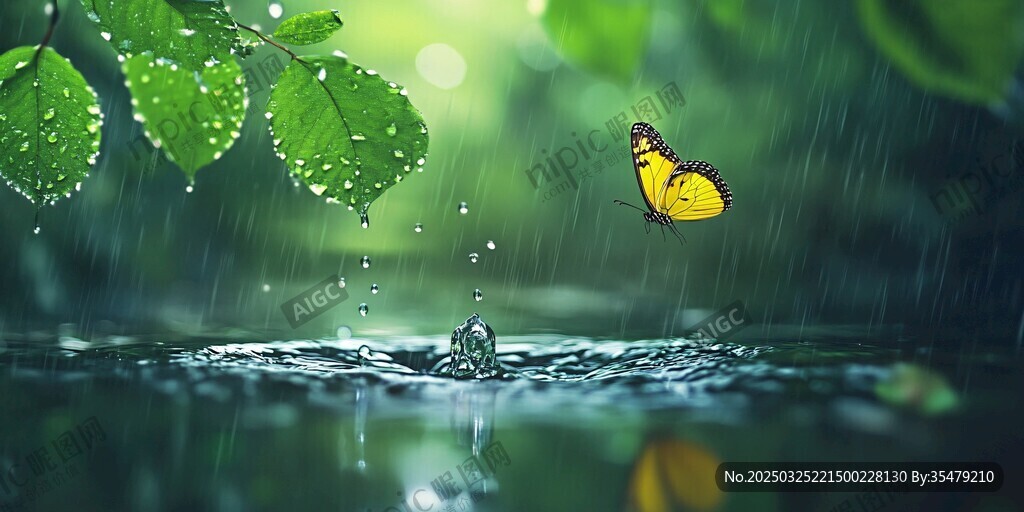 雨中叶间蝶舞 水珠飞溅