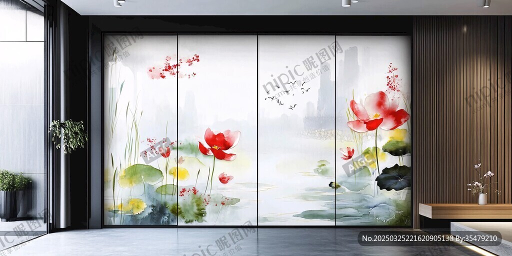中式水墨荷花移门装饰画