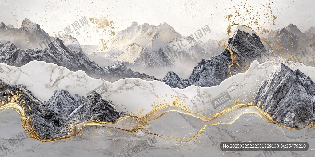 水墨金纹山水意境图