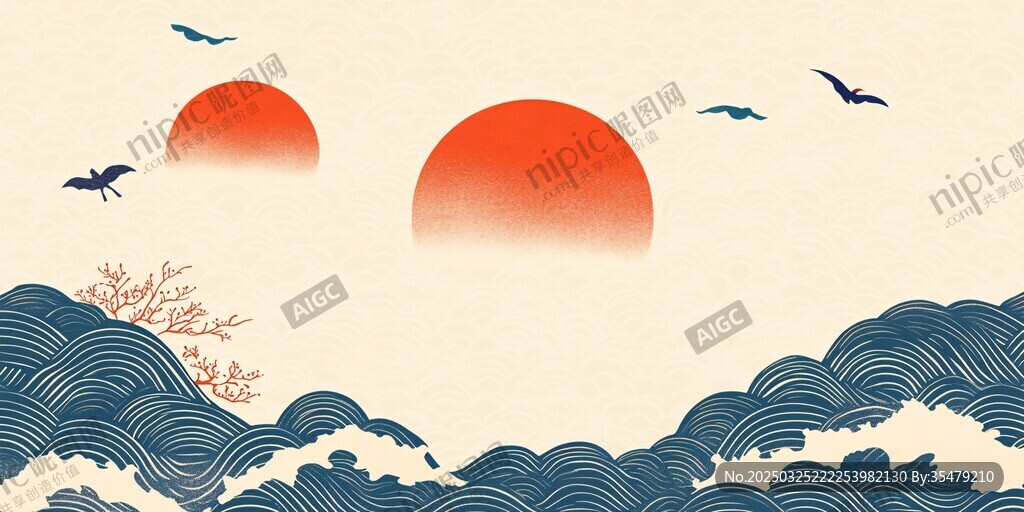 海上红日飞鸟中式风景图