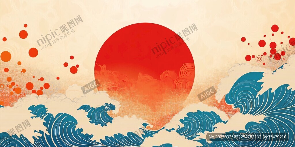 日式浮世绘风格红日海浪图