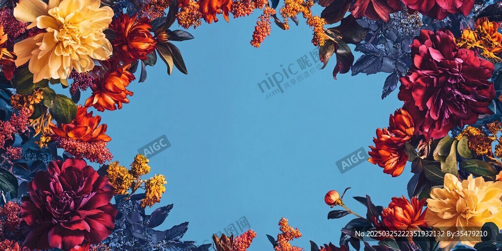 多彩花卉环绕的梦幻边框