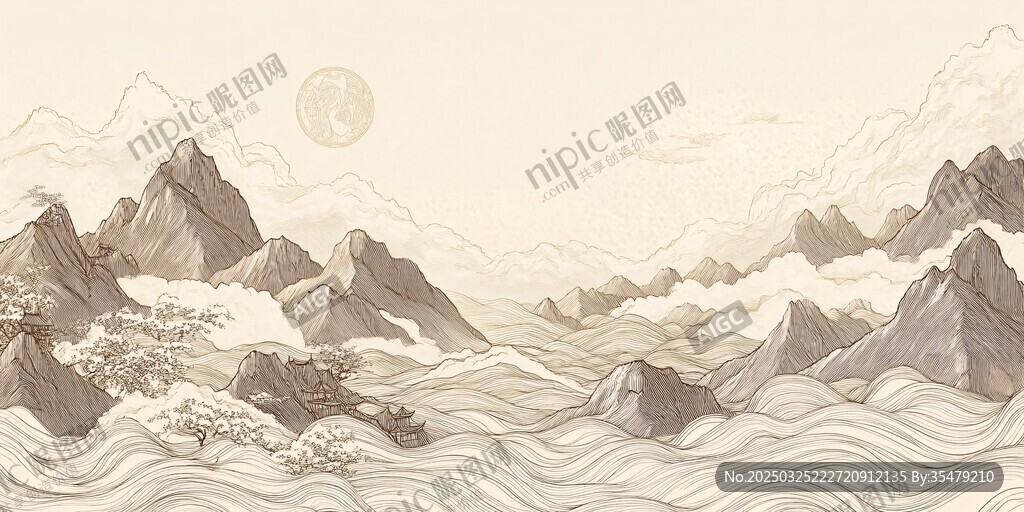 水墨山川月夜图