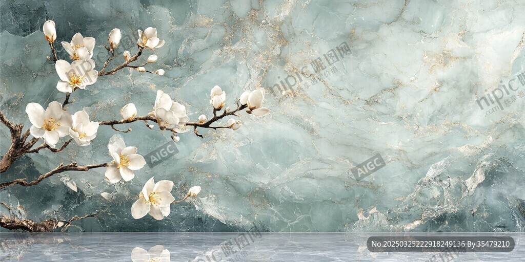 玉兰花枝映于水墨背景