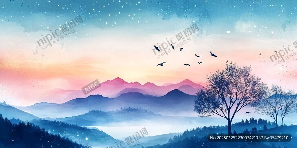 梦幻山林暮色飞鸟美景