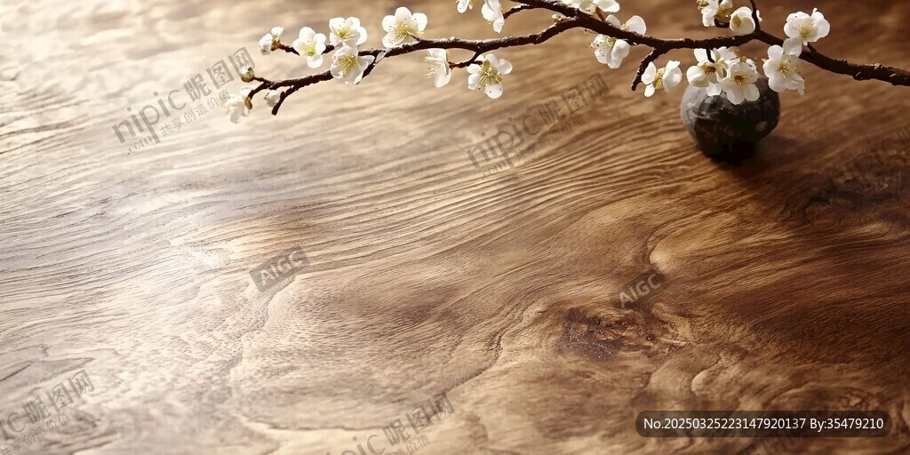 木桌上的素雅花枝摆件