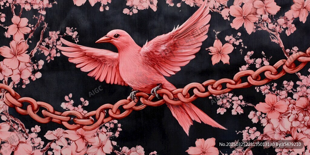 粉鸟栖链绽繁花