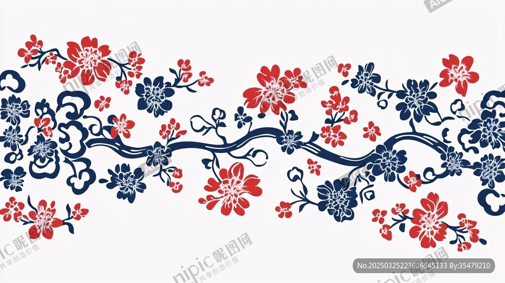 中式红蓝花卉纹样装饰图案