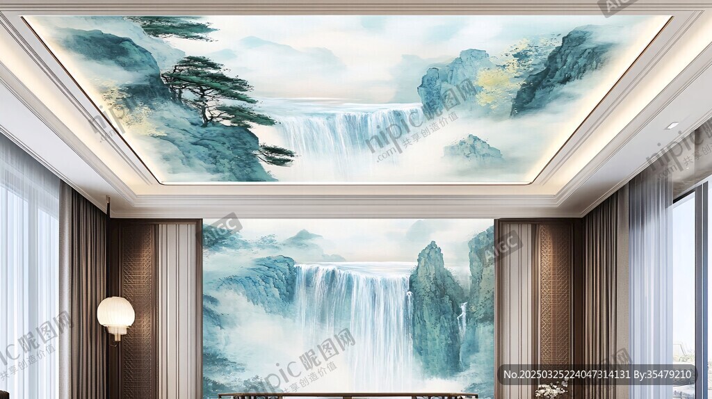 中式山水风客厅天花板壁画