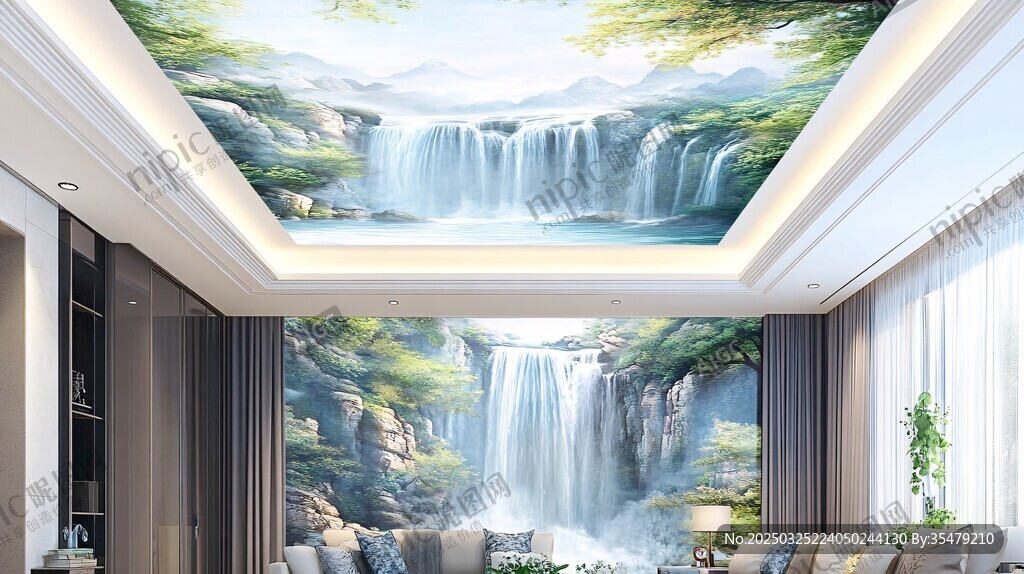 客厅山水瀑布顶墙装饰画