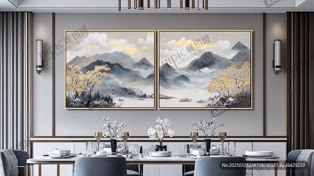 中式餐厅山水挂画装饰景