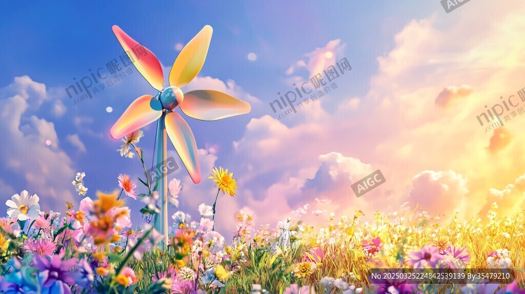 梦幻风车绽放花海间