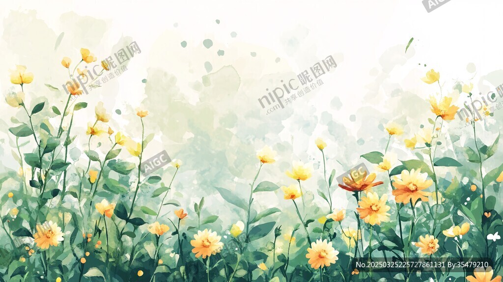 春日黄花烂漫水彩插画