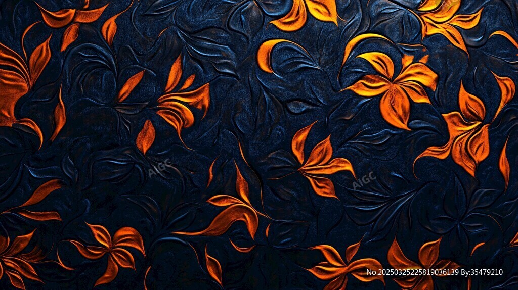 深蓝底橙色花卉纹理图案