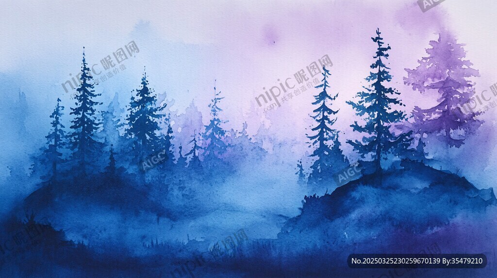 梦幻雾中松林水彩风景