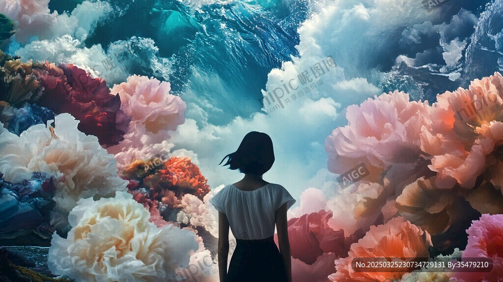 女孩置身梦幻云海花海中